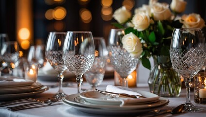 Wall Mural - Elegant table set up for a romantic dinner. Concept of catering, hospitality and private dining. Selective focus on the glassware