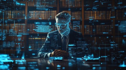 Poster - AI-powered legal assistant analyzing a case with holographic data displays, symbolizing the future of legal services