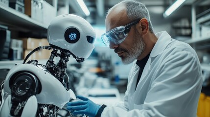 Poster - Robotic assistant helping a scientist in a high-tech lab, symbolizing the future of research and innovation, with copy space