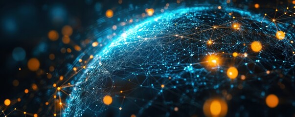Poster - Communication network visualized as a web of light across a digital globe, symbolizing global connectivity, with copy space for text, AI-powered 