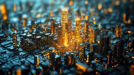Poster - Digital twin of a city, symbolizing urban planning and management through simulation, with copy space for text, AI-powered 