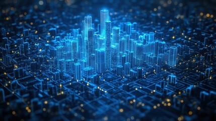 Poster - Digital twin of a city, symbolizing urban planning and management through simulation, with copy space for text, AI-powered 