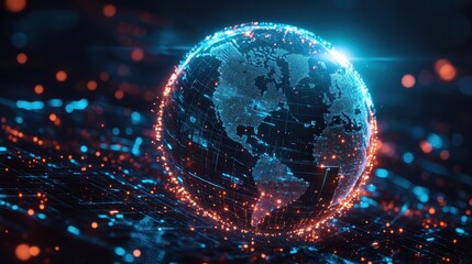 Poster - Glowing AI-powered predictive model visualized as a holographic globe with data points, symbolizing global forecasting and analysis, with copy space for text 
