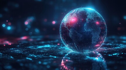 Poster - Glowing AI-powered predictive model visualized as a holographic globe with data points, symbolizing global forecasting and analysis, with copy space for text 