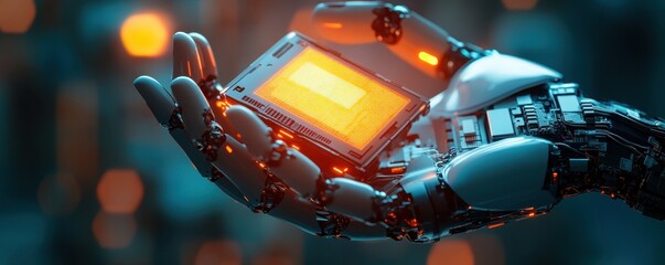 Poster - A glowing AI-powered robotic hand holding a microchip, symbolizing the precision and advancement of AI engineering, with copy space 