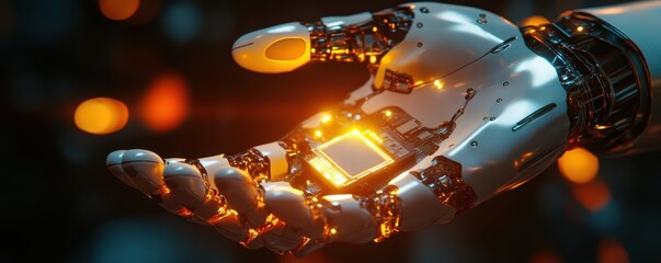Poster - A glowing AI-powered robotic hand holding a microchip, symbolizing the precision and advancement of AI engineering, with copy space 