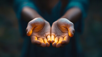 close-up of open hands gently offering a warm, glowing light in a dark setting, symbolizing giving, 
