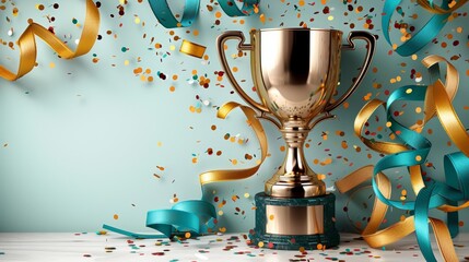 Poster - Golden trophy surrounded by colorful confetti and ribbons on a blue background during a celebration