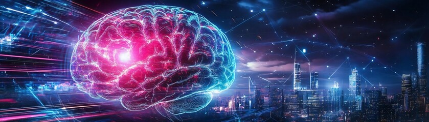 Poster - A vibrant digital brain illustration representing advanced technology and artificial intelligence against a futuristic city skyline.