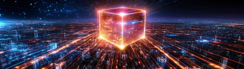 Poster - A glowing cube in a dynamic digital landscape, symbolizing the fusion of technology and creativity in a futuristic setting.