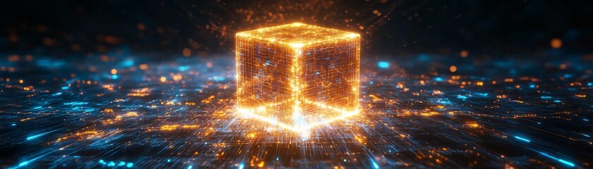 Poster - A glowing cube surrounded by vibrant particles and light effects, representing technology and digital innovation.