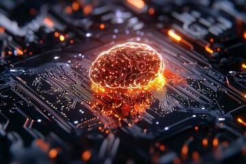 Poster - A futuristic brain representation on a circuit board, symbolizing artificial intelligence and advanced technology.