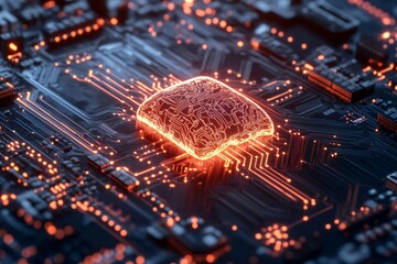 Poster - A close-up view of a glowing microchip on a circuit board, showcasing intricate electronic details and vibrant lighting.