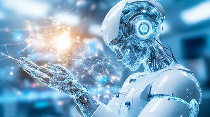 Poster - Futuristic robot interacting with digital energy, showcasing advanced technology and artificial intelligence in a high-tech environment.
