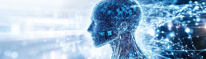 Poster - Futuristic digital human silhouette with glowing data connections, symbolizing technology and innovation in artificial intelligence.