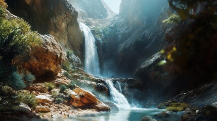 Poster - Majestic Waterfall Cascading Down Rocky Canyon