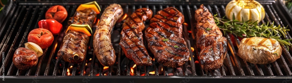Barbecue grill with assorted meats and veggies, background, vibrant ...