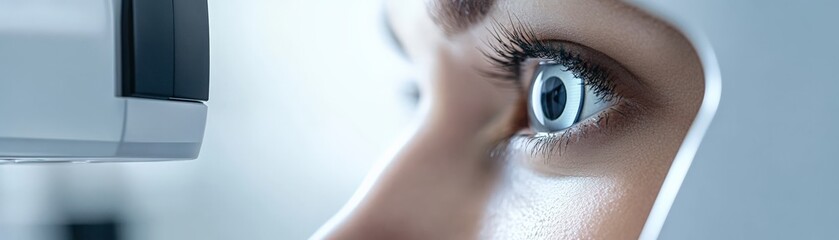 Close-up of an eye undergoing an eye exam using modern medical technology, showcasing vision care and healthcare diagnostics.