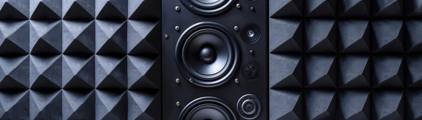 Acoustic panel texture, studio monitors displayed, space for text, professional style