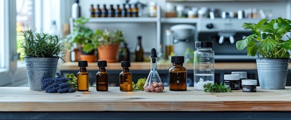 Wall Mural - Laboratory workspace, white background, natural lighting, ample copy space