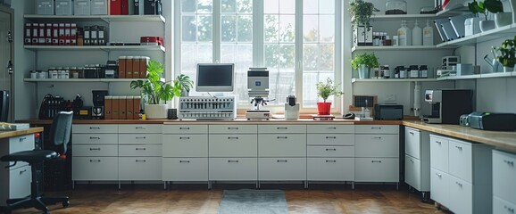 Wall Mural - Laboratory workspace, white background, natural lighting, ample copy space