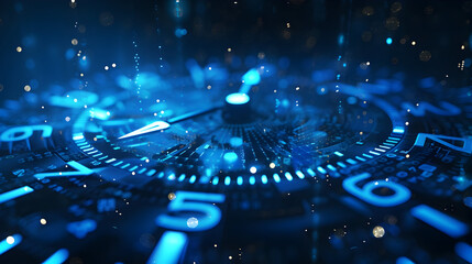 Blue Abstract Clock with Glowing Numbers Illustration