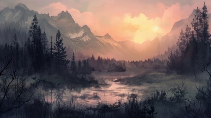 Wall Mural - Misty Mountain Lake at Sunset