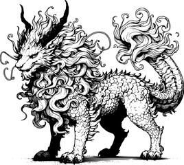 Wall Mural - black and white kirin illustration, blue dragon kirin, isolated on white, Qilin the dragon of wise, editable stroke, ready for your design