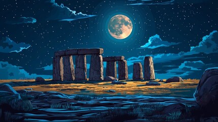 A mystical night at Stonehenge, illuminated by a full moon and surrounded by a starry sky, showcasing ancient architecture.