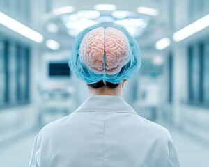 Conceptual image of a scientist with a brain on their head, showcasing innovation in neuroscience and medical research.