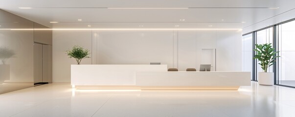 Poster - a high-resolution photo of a modern office lobby with clean lines and soft colors, professional and 