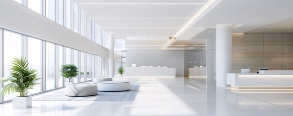 Poster - a high-resolution photo of a modern office lobby with clean lines and soft colors, professional and 