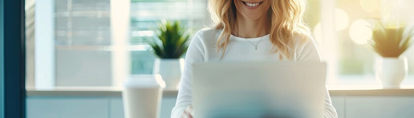 Poster - a high-resolution photo of a smiling businesswoman working on a laptop in a clean, minimalistic offi