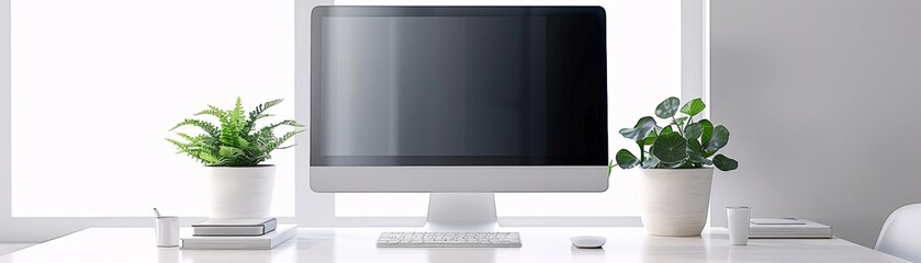 Poster - a high-resolution photo of a clean, minimalistic office setup with dual monitors, soft lighting,