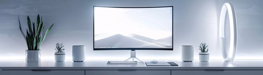 Poster - a high-resolution photo of a clean, minimalistic office setup with dual monitors, soft lighting,