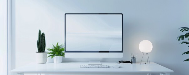 Poster - a high-resolution photo of a clean, minimalistic office setup with dual monitors, soft lighting,