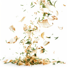 Sticker - Floating dehydrated onion flakes in air on white background