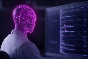 A digital humanoid with a glowing purple head analyzes data on a computer screen, representing technology and innovation in AI.