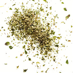 Wall Mural - Floating dried oregano with powder in air, on white background