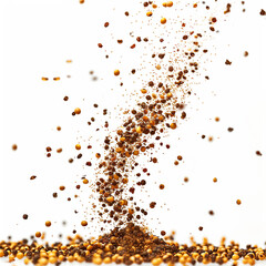 Poster - Floating mustard seeds with ground mustard in air, on white background