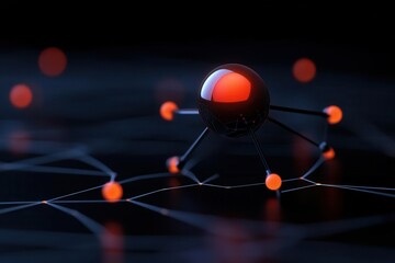 Abstract concept of molecular structure with glowing nodes on a dark background, representing science and technology innovation.