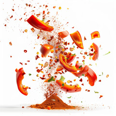 Wall Mural - Floating paprika with powder in air, flakes, pieces, on white background