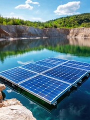 Poster - Floating solar panels are positioned on a rehabilitated quarry lake, symbolizing the unity of environmental sustainability, renewable energy, and aquatic restoration.