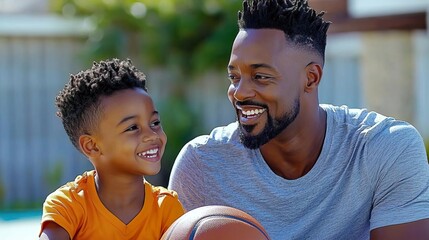 happy father and son laughing together while holding a basketball.