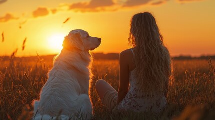 woman sitting with a dog watching the sunset in a field