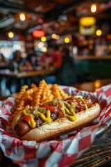 A loaded hot dog with mustard and ketchup on the background of a fuzzy soccer bar