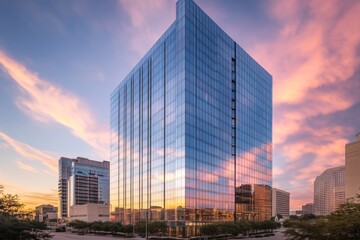 Poster - The sleek skyscraper showcases reflective glass windows that capture a vibrant sunset and nearby city buildings in a bustling metropolitan area