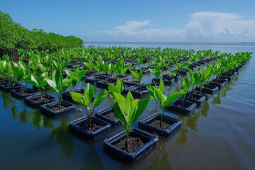 Wall Mural - Replanted mangrove forests are equipped with solar-powered flood barriers, showcasing the synergy between environmental conservation, renewable energy, and coastal restoration. 