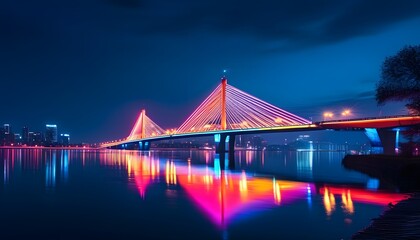 Neon lights illuminate the city bridges and river reflections at night, beautiful urban scenery.