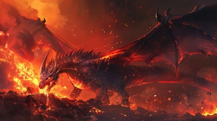 Wall Mural - A fierce red dragon with large, fiery wings is shown mid-roar